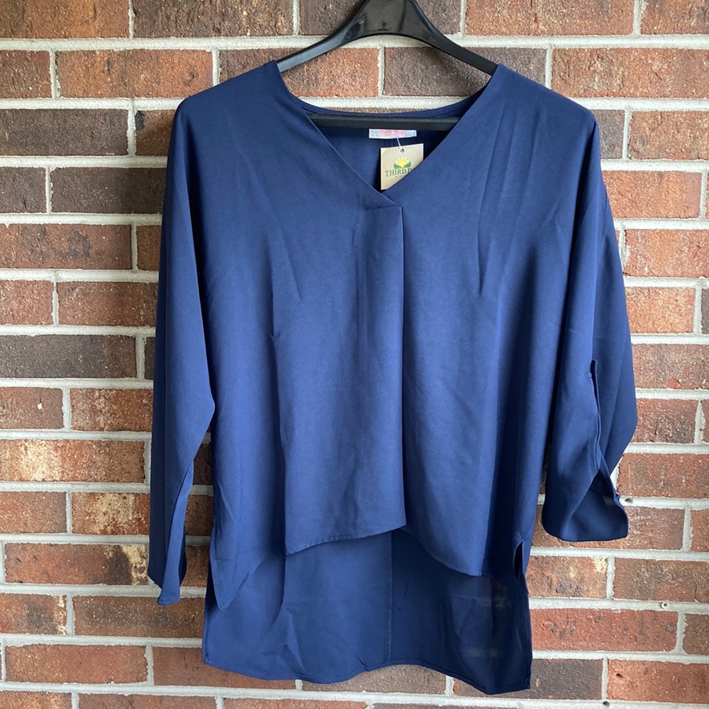 C+D+M Navy Blouse Long Sleeve Dressy size Small Oversized NWT